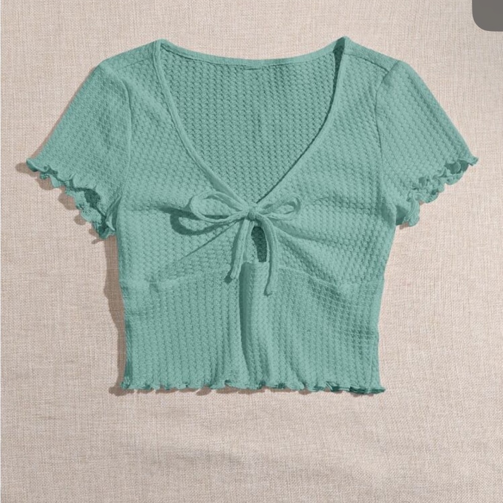 Teal Knit Crop Top with Tie Front